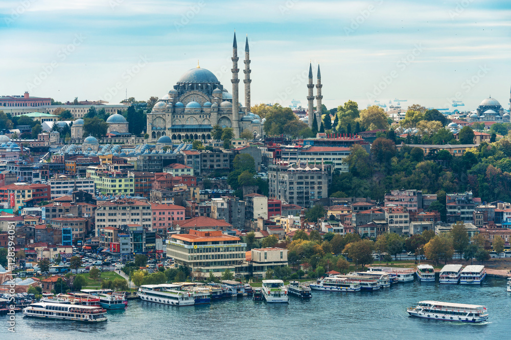 Naklejka premium Turkey, Istanbul, Suleymaniye mosque along the Bosphorus