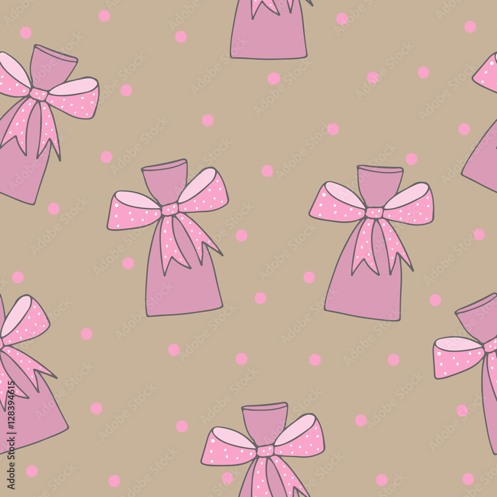 Seamless pattern with big gift with pink bow