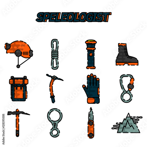 Speleologist flat icon set