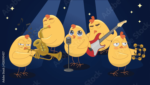 Young chickens play musical instruments on a blue background. ve
