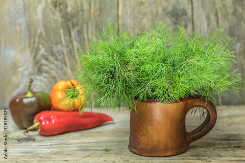 Bunch of fresh herbs dill in ceramic pot on old rustic wooden ba