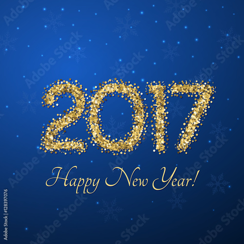 Happy New Year 2017. Vector holiday poster with golden text on the blue background.