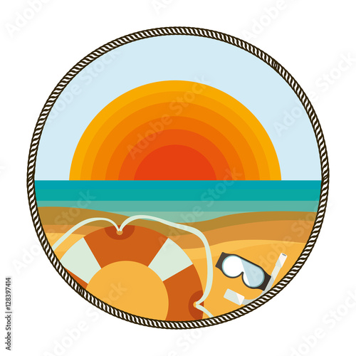 background sunset in beach with aquatic objects vector illustration