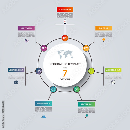 Linear infographic circle template with 7 options. Vector banner for business infographics. Can be used for cycle diagram, round chart, graph, presentation, report, step options, web design.