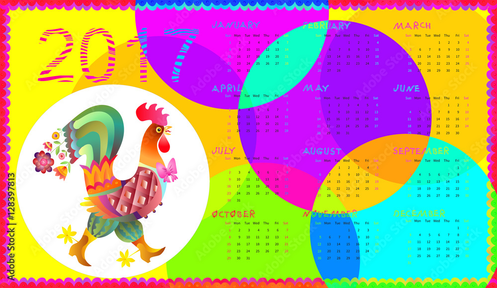 Bright colorful calendar for 2017 year with fairy rooster - chinese symbol of new year. Week starts on sunday. 