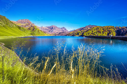 Lake Ritom in Swiss Alps near Gotthard, Piora, Canton Ticino, Switzerland