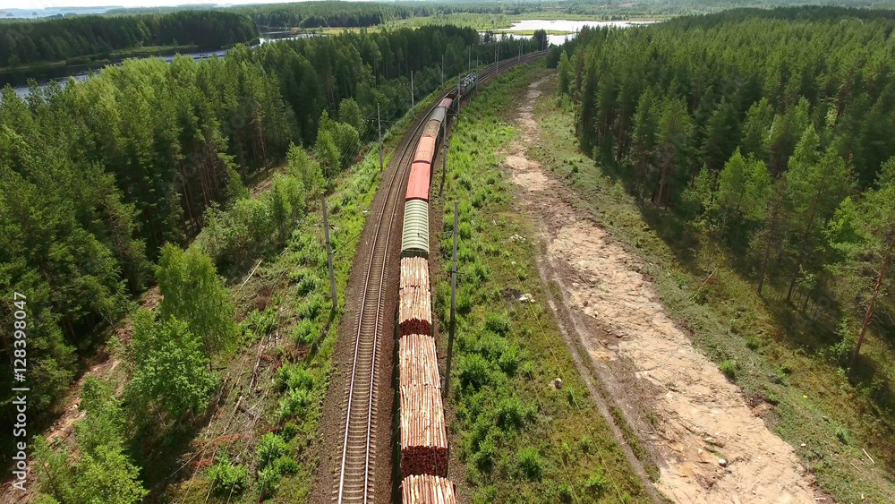 Naklejka premium Cars of freight train passing to a distance at the double line railway in forests of Karelia, Russia. Aerial rear view