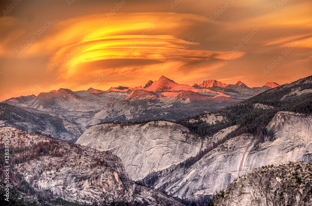 Lenticular clouds and Alpenglow at Glacier Point in Yosemite National Park