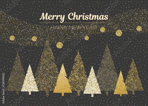 Vector merry Christmas and happy New Year design. Horizontal card with geometric and dotted Christmas trees in black, gold and white colors.