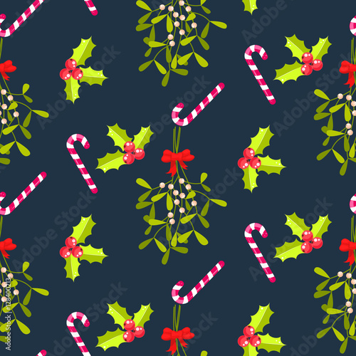 Festive kissing bough seamless vector pattern. Traditional plant tied with red bow. Holly berry and stripes candy cane blue background.