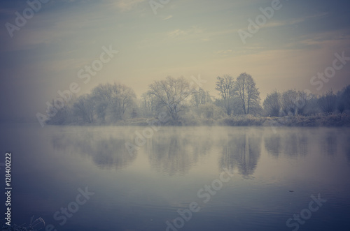 Fototapeta Naklejka Na Ścianę i Meble -  Cold morning landscape with trees over lake