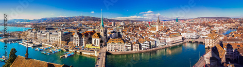 Historic Zürich city center with famous Fraumünster Church, Limmat river and Zürich lake, Switzerland photo
