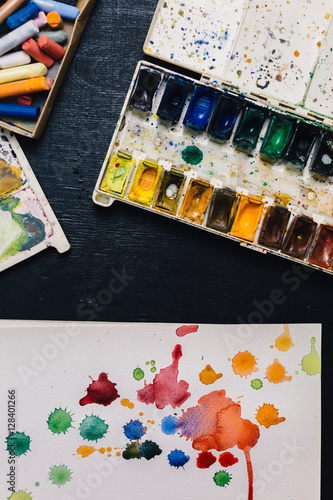 Crop from above view of watercolor palette.