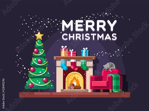 Christmas living room with tree, gifts and fireplace. Vector illustration.