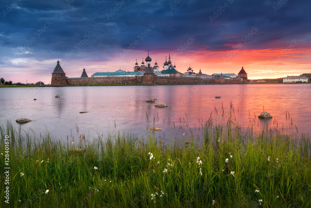 View on Solovetsky Monastery from the Holy lake, Russia. UNESCO World Heritage Site.