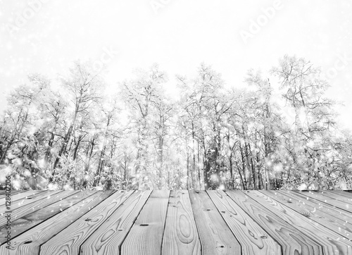 Wood table top on winter tr...
