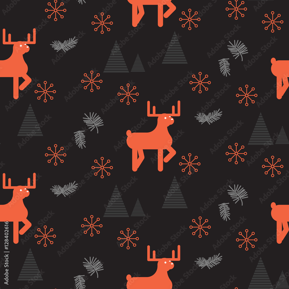 Red deer in a dark woods seamless vector pattern. Scandinavian style background.
