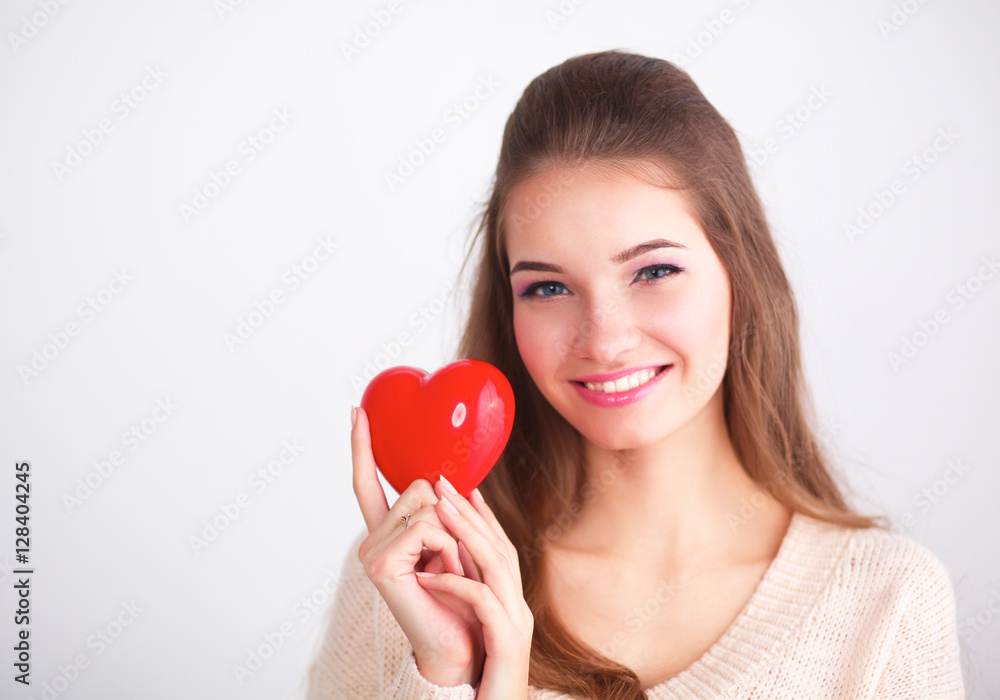 Portrait of beautiful woman hold red heart Portrait of beautiful woman hold red heart