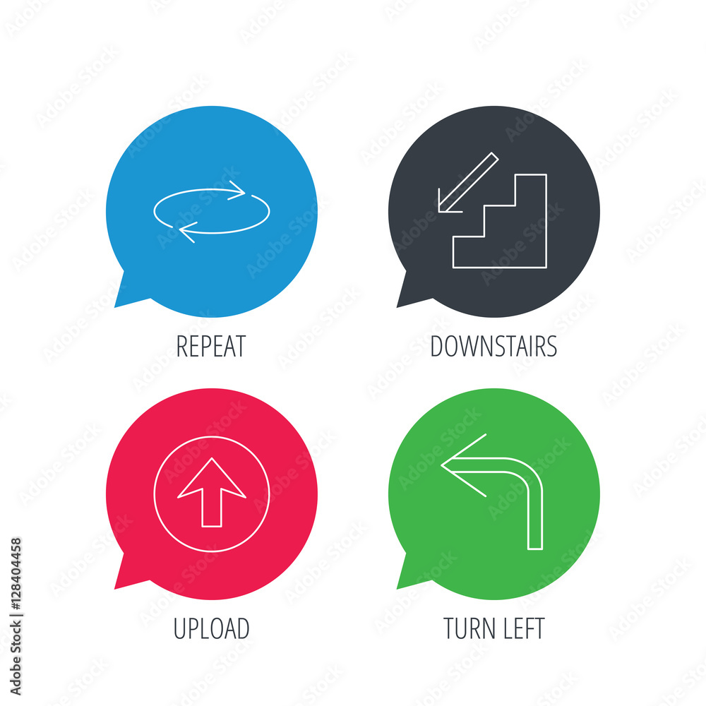 Colored speech bubbles. Arrows icons. Upload, repeat and shuffle linear signs. Turn left, downstairs arrow flat line icons. Flat web buttons with linear icons. Vector Colored speech bubbles. Arrows icons. Upload, repeat and shuffle linear signs. Turn left, downstairs arrow flat line icons. Flat web buttons with linear icons. Vector