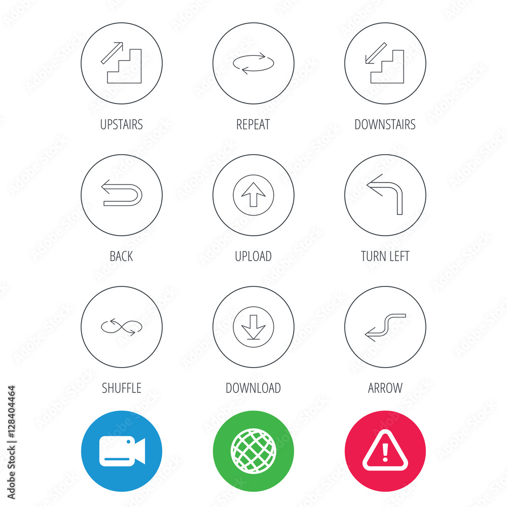 Arrows icons. Download, repeat and shuffle linear signs. Upload, back arrow  flat line icons. Video cam, hazard attention and internet globe icons.  Vector Stock Vector | Adobe Stock