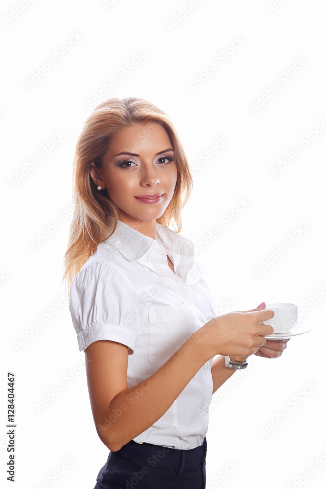 Portrait of beautiful happy smiling young woman with cup of coffee, posing, looking at camera. Attractive cheerful model.