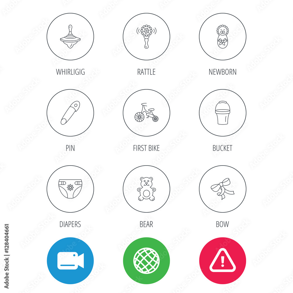 Newborn, diapers and bear toy icons. First bike, bow and pin linear signs. Rattle, whirligig and bucket flat line icons. Video cam, hazard attention and internet globe icons. Vector Newborn, diapers and bear toy icons. First bike, bow and pin linear signs. Rattle, whirligig and bucket flat line icons. Video cam, hazard attention and internet globe icons. Vector