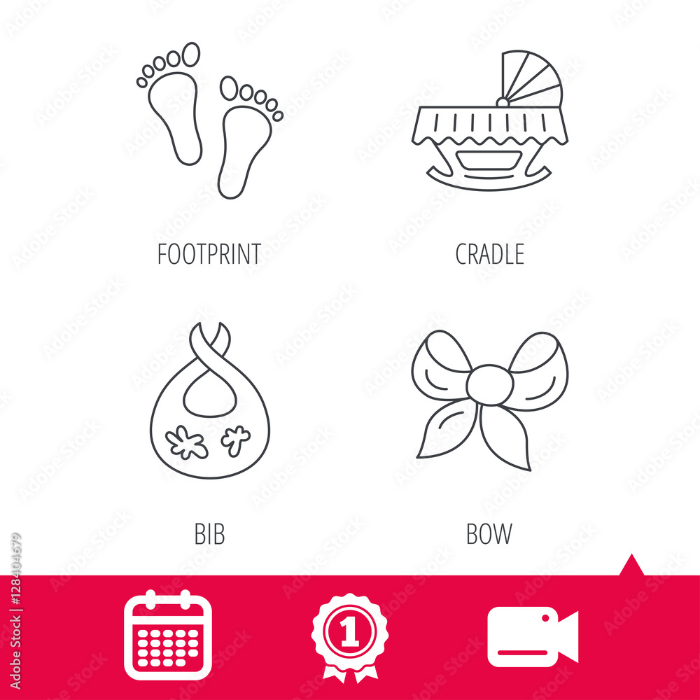 Achievement and video cam signs. Footprint, cradle and dirty bib icons. Bow linear sign. Calendar icon. Vector Achievement and video cam signs. Footprint, cradle and dirty bib icons. Bow linear sign. Calendar icon. Vector
