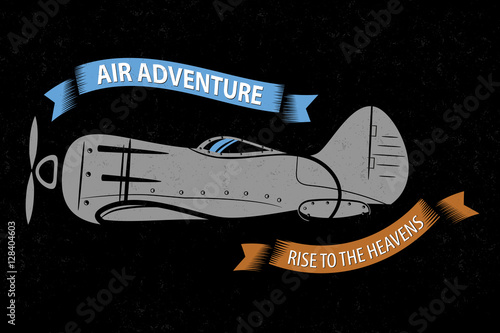 steel plane and a ribbon with the inscription. Vintage, retro emblem.  