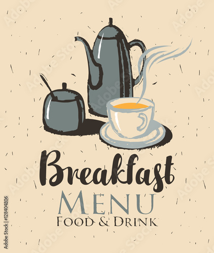vector banner for a cafe with breakfast with a teapot and cup of tea