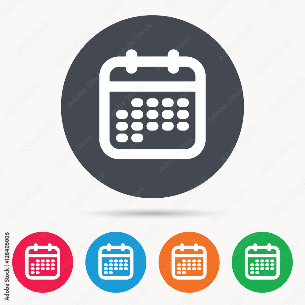 Calendar icon. Events reminder symbol. Colored circle buttons with flat web icon. Vector Calendar icon. Events reminder symbol. Colored circle buttons with flat web icon. Vector