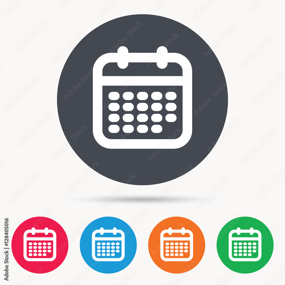 Calendar icon. Events reminder symbol. Colored circle buttons with flat web icon. Vector Calendar icon. Events reminder symbol. Colored circle buttons with flat web icon. Vector