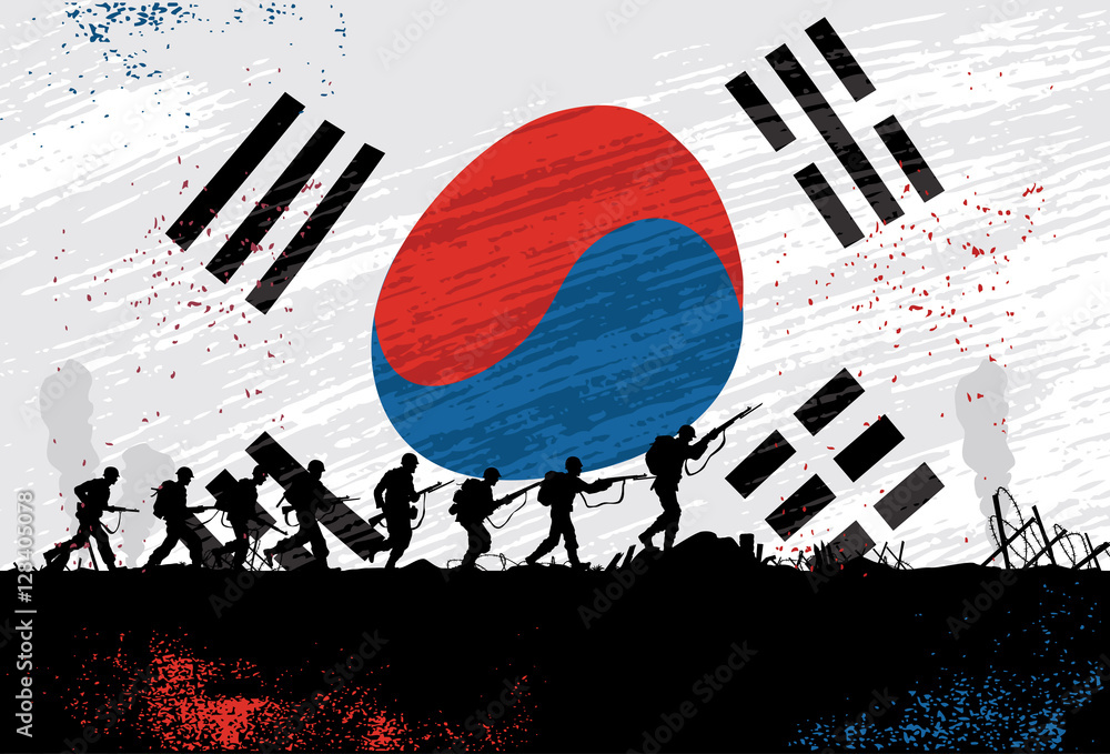 Silhouette of soldiers fighting at war with flag of South Korea Stock ...