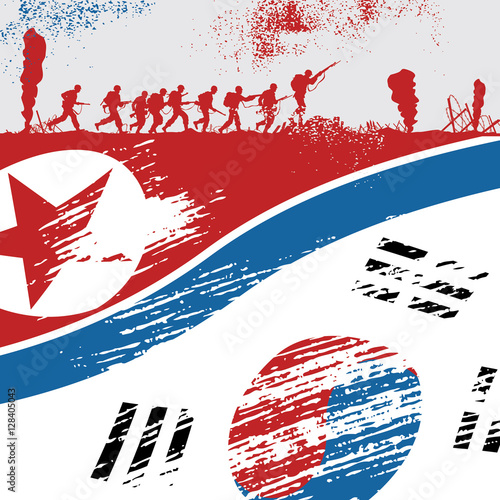 Silhouette of soldiers fighting at war with flag of South and North Korea