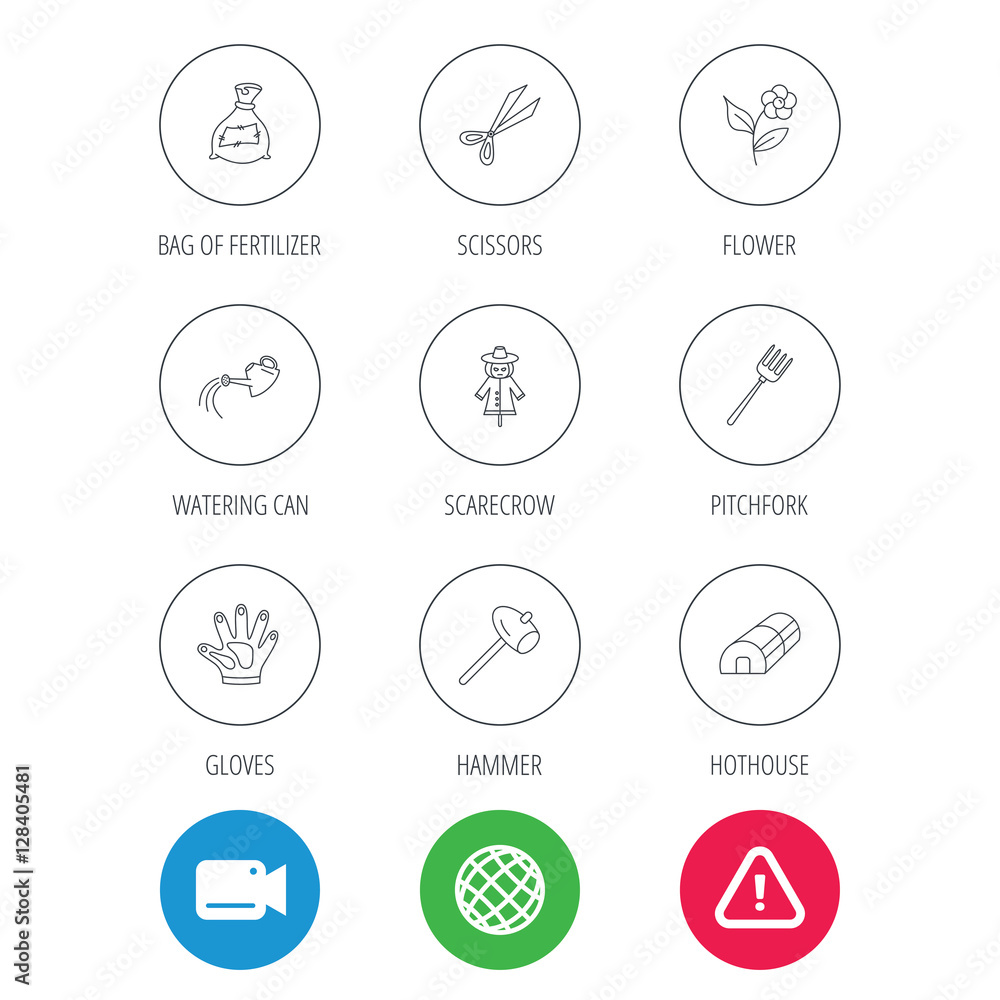 Hammer, hothouse and watering can icons. Bag of fertilizer, scissors and flower linear signs. Hammer, scarecrow and pitchfork flat line icons. Video cam, hazard attention and internet globe icons