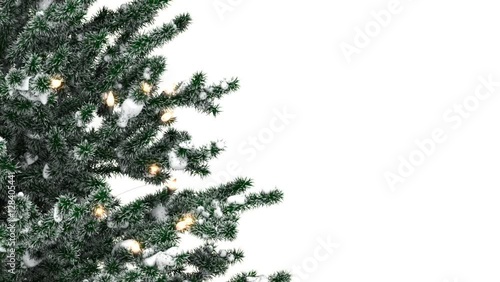 Christmas tree with light bulbs and snow on white background
