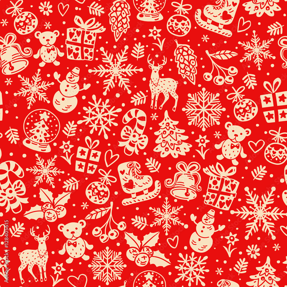 Naklejka premium Christmas vector background, seamless tiling, great choice for wrapping paper pattern. Christmas and New year seamless vector red background . 