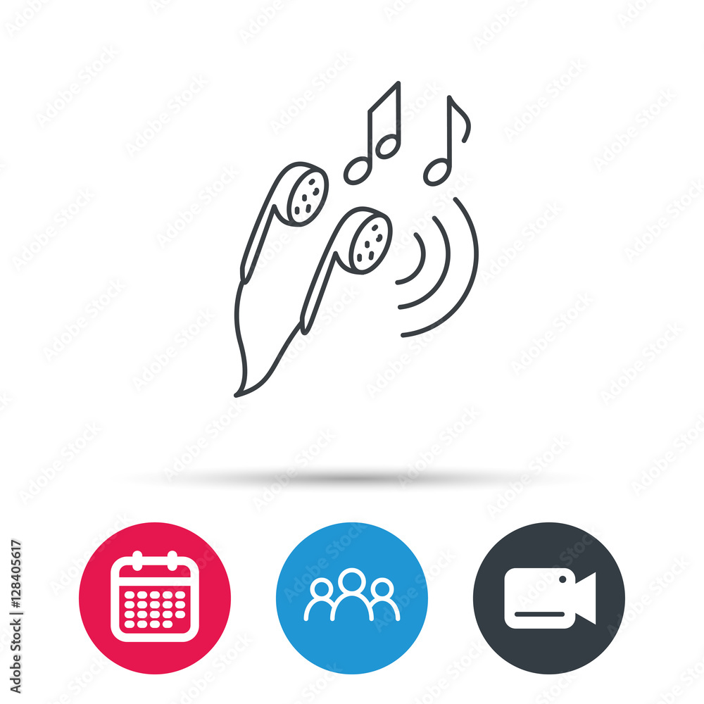 Headphones icon. Musical notes signs. Group of people, video cam and calendar icons. Vector Headphones icon. Musical notes signs. Group of people, video cam and calendar icons. Vector