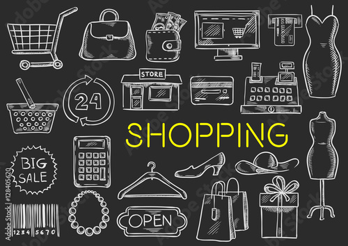 Shopping chalk sketch isolated vector icons