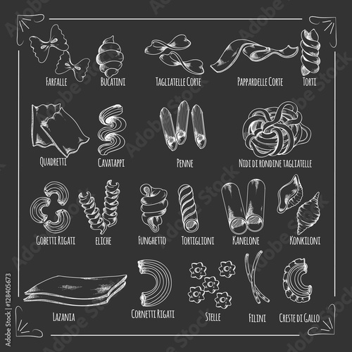 Pasta chalk sketch icons on blackboard