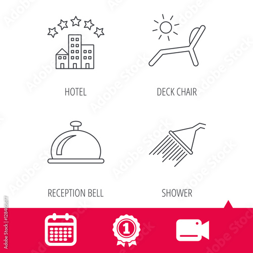Achievement and video cam signs. Hotel, shower and beach deck chair icons. Reception bell linear sign. Calendar icon. Vector