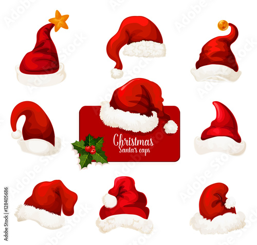 Christmas Santa red hat and cap cartoon icon set