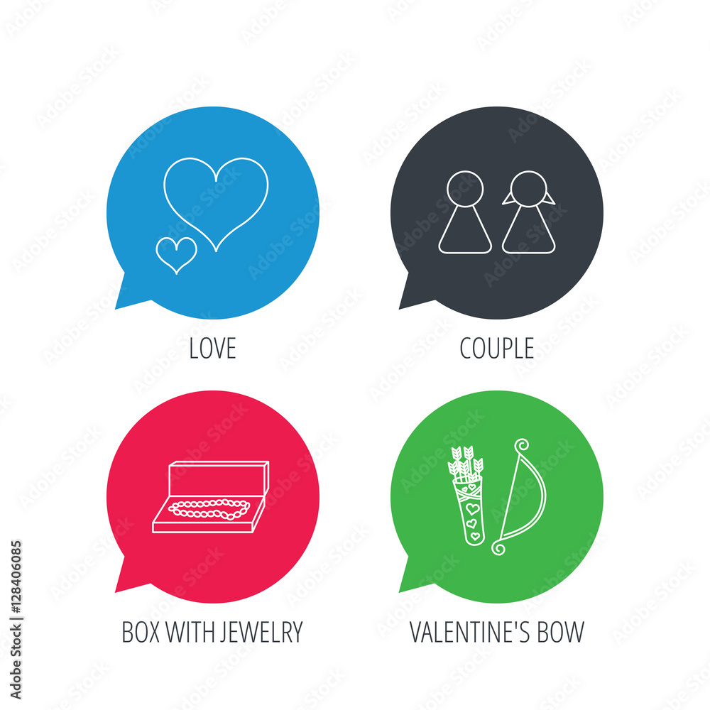 Colored speech bubbles. Love heart, jewelry and couple icons. Valentine amour arrows linear signs. Flat web buttons with linear icons. Vector