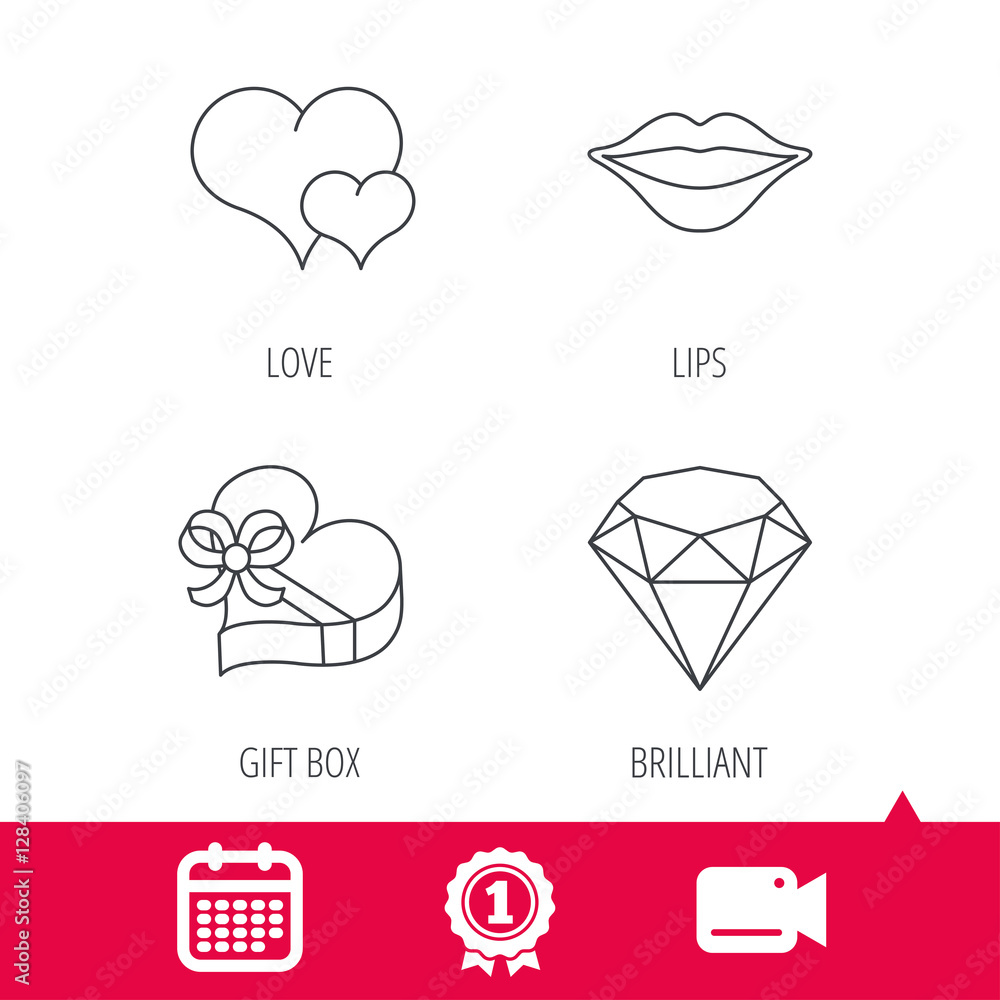 Achievement and video cam signs. Love heart, brilliant and gift box icons. Kiss lips linear sign. Calendar icon. Vector Achievement and video cam signs. Love heart, brilliant and gift box icons. Kiss lips linear sign. Calendar icon. Vector