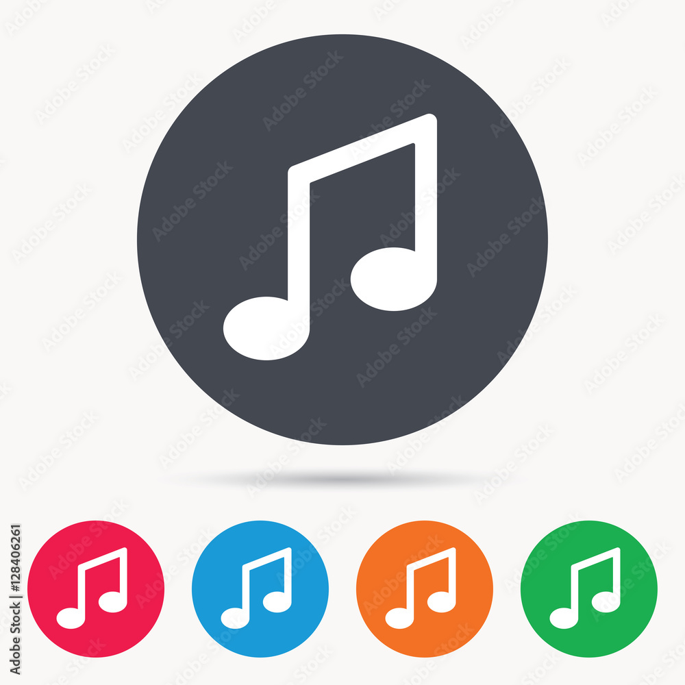 Music icon. Musical note sign. Melody symbol. Colored circle buttons with flat web icon. Vector Music icon. Musical note sign. Melody symbol. Colored circle buttons with flat web icon. Vector