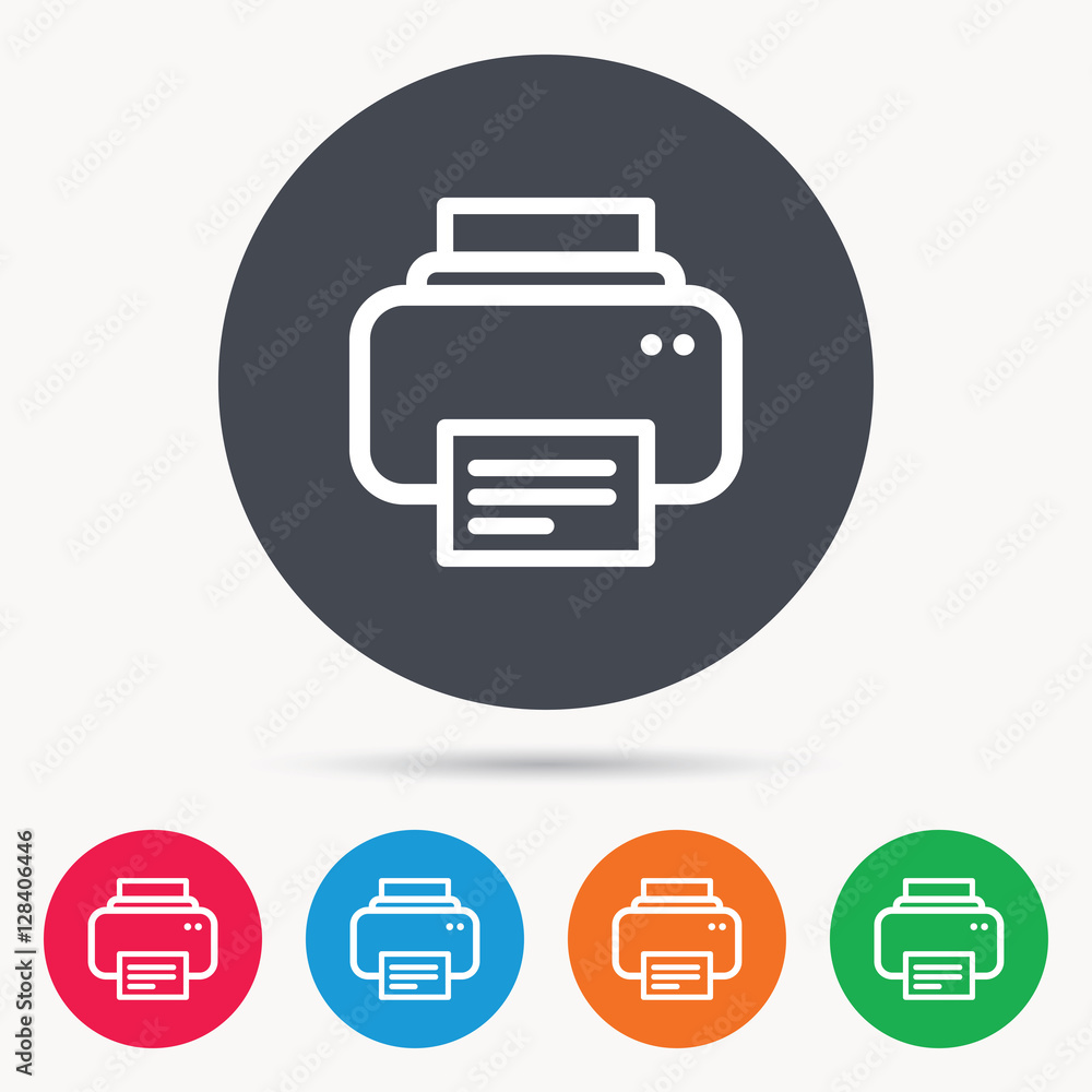 Printer icon. Print documents technology symbol. Colored circle buttons with flat web icon. Vector Printer icon. Print documents technology symbol. Colored circle buttons with flat web icon. Vector