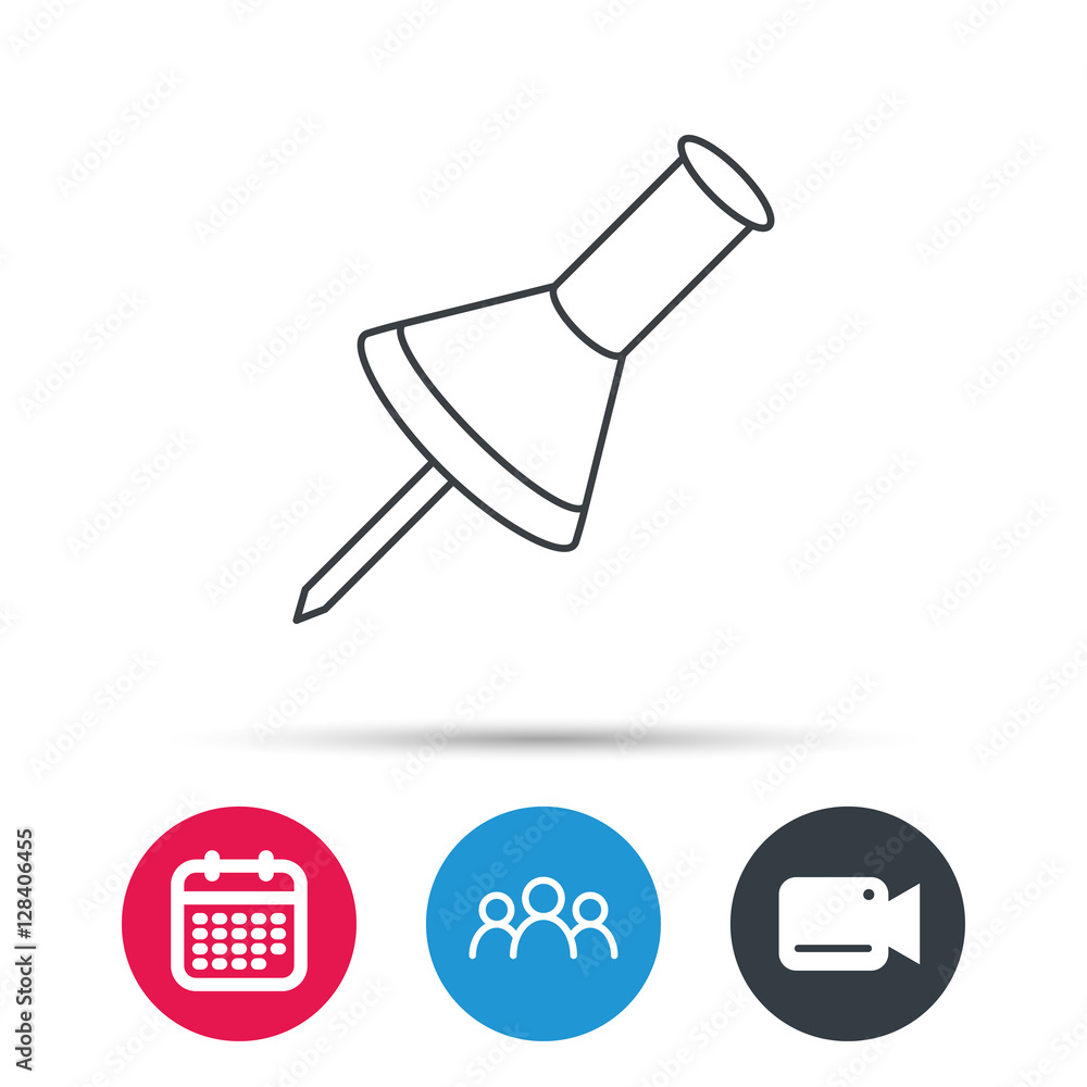Pushpin icon. Pin tool sign. Office stationery symbol. Group of people, video cam and calendar icons. Vector Pushpin icon. Pin tool sign. Office stationery symbol. Group of people, video cam and calendar icons. Vector