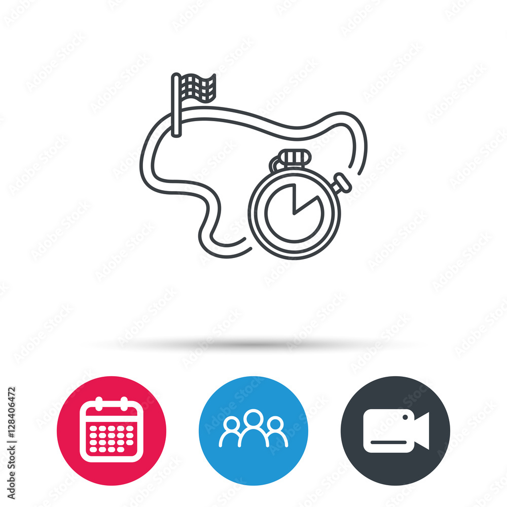 Race road icon. Finishing flag with timer sign. Group of people, video cam and calendar icons. Vector Race road icon. Finishing flag with timer sign. Group of people, video cam and calendar icons. Vector