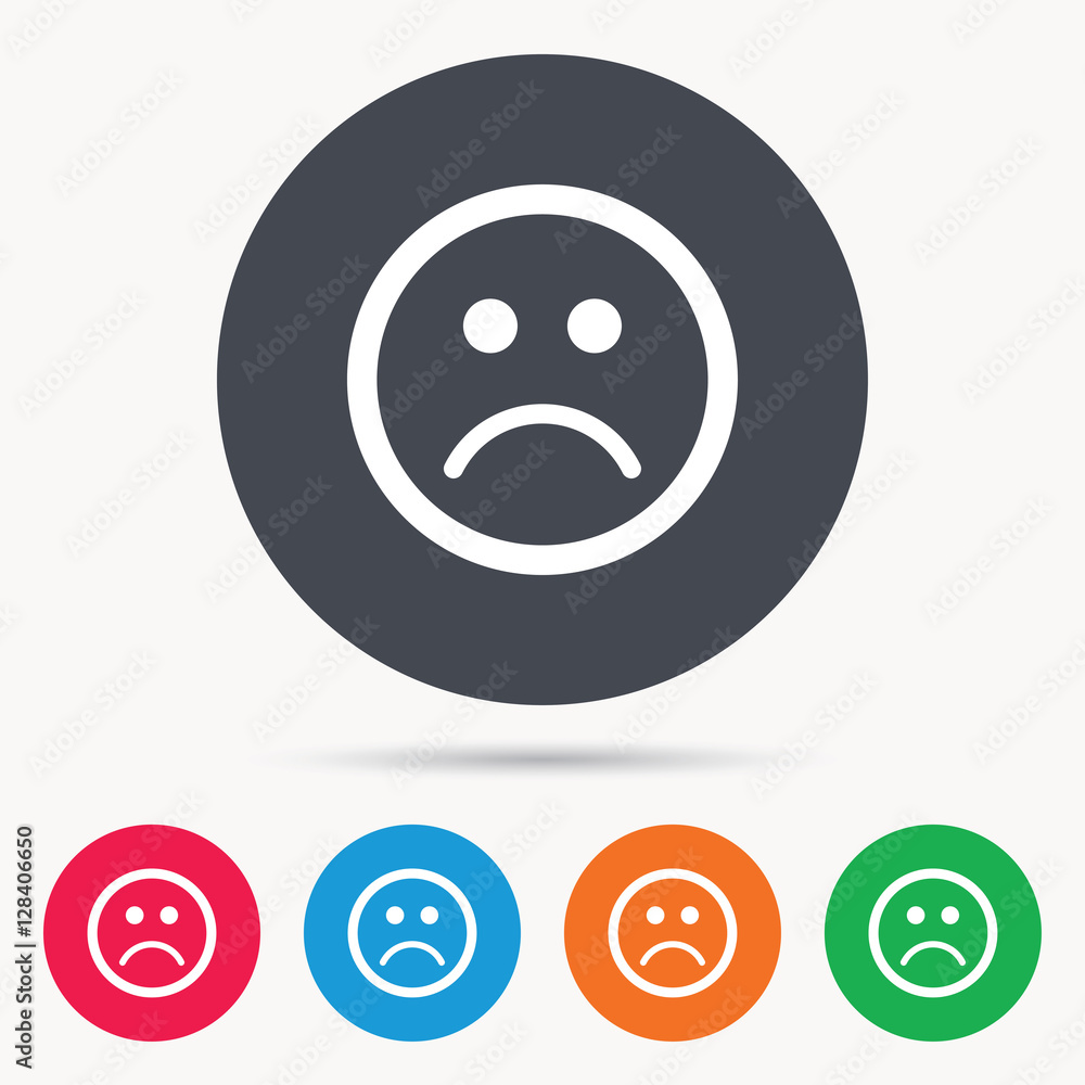 Sad smiley icon. Bad feedback symbol. Colored circle buttons with flat web icon. Vector Sad smiley icon. Bad feedback symbol. Colored circle buttons with flat web icon. Vector