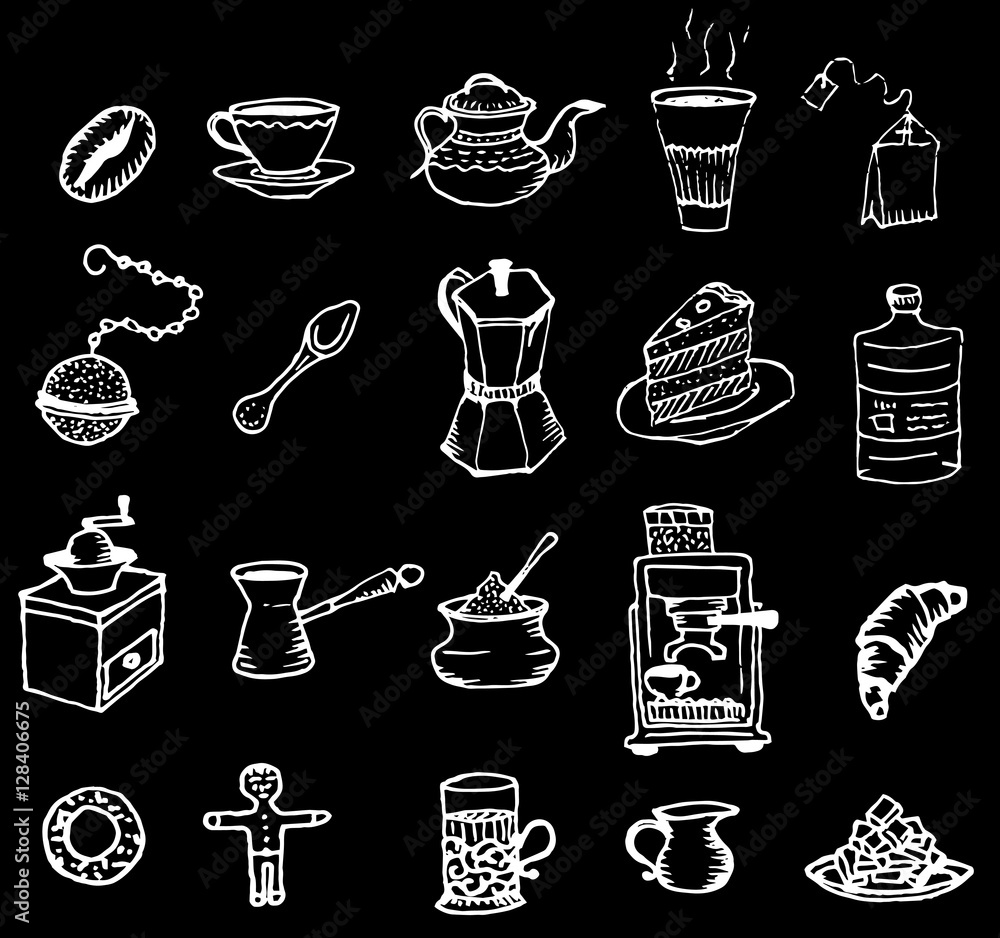 Hand-drawn outlines on coffee and tea cup. Cafe or restaurant.Vector illustration.