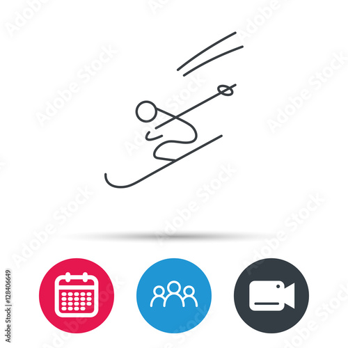 Skiing icon. Skis jumping extreme sport sign. Speed competition symbol. Group of people, video cam and calendar icons. Vector